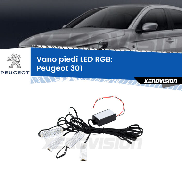 <strong>Kit placche LED cambiacolore vano piedi Peugeot 301</strong>  2012 - 2017. 4 placche <strong>Bluetooth</strong> con app Android /iOS.