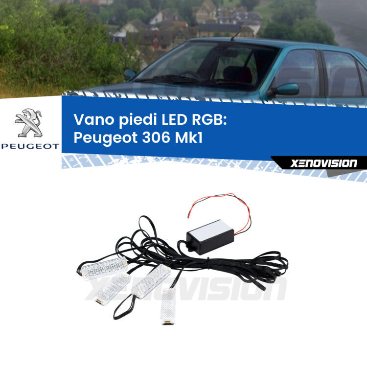 <strong>Kit placche LED cambiacolore vano piedi Peugeot 306</strong> Mk1 1993 - 2001. 4 placche <strong>Bluetooth</strong> con app Android /iOS.