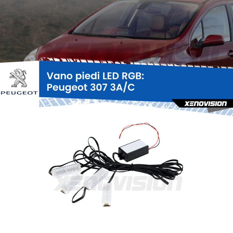<strong>Kit placche LED cambiacolore vano piedi Peugeot 307</strong> 3A/C 2000 - 2009. 4 placche <strong>Bluetooth</strong> con app Android /iOS.