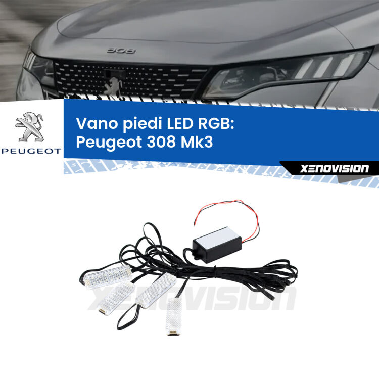 <strong>Kit placche LED cambiacolore vano piedi Peugeot 308</strong> Mk3 2020 in poi. 4 placche <strong>Bluetooth</strong> con app Android /iOS.