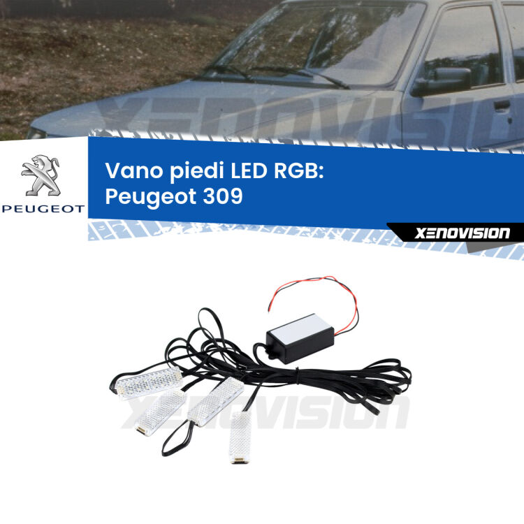 <strong>Kit placche LED cambiacolore vano piedi Peugeot 309</strong>  1989 - 1993. 4 placche <strong>Bluetooth</strong> con app Android /iOS.