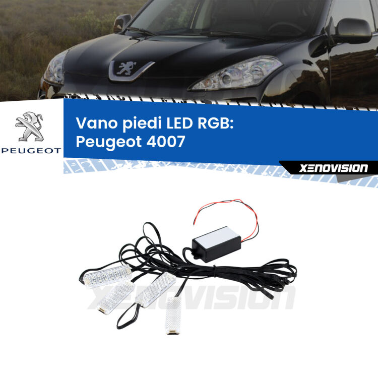 <strong>Kit placche LED cambiacolore vano piedi Peugeot 4007</strong>  2007 - 2012. 4 placche <strong>Bluetooth</strong> con app Android /iOS.