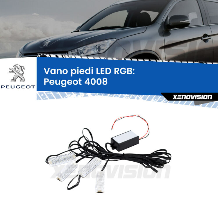 <strong>Kit placche LED cambiacolore vano piedi Peugeot 4008</strong>  2012 in poi. 4 placche <strong>Bluetooth</strong> con app Android /iOS.
