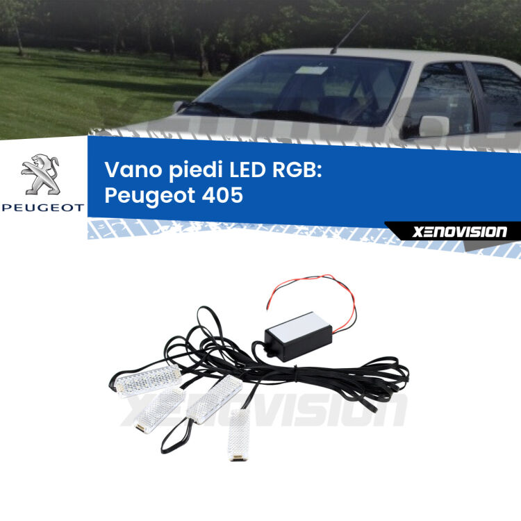 <strong>Kit placche LED cambiacolore vano piedi Peugeot 405</strong>  1987 - 1997. 4 placche <strong>Bluetooth</strong> con app Android /iOS.