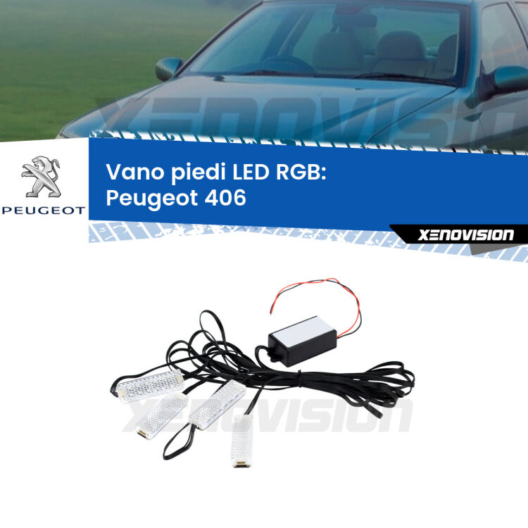 <strong>Kit placche LED cambiacolore vano piedi Peugeot 406</strong>  1995 - 2004. 4 placche <strong>Bluetooth</strong> con app Android /iOS.