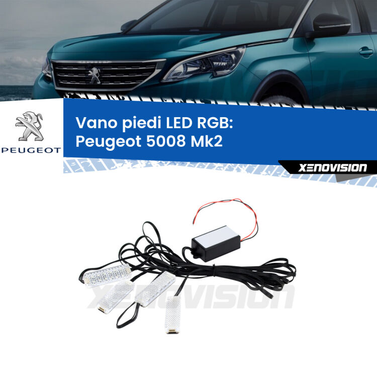 <strong>Kit placche LED cambiacolore vano piedi Peugeot 5008</strong> Mk2 2017 in poi. 4 placche <strong>Bluetooth</strong> con app Android /iOS.