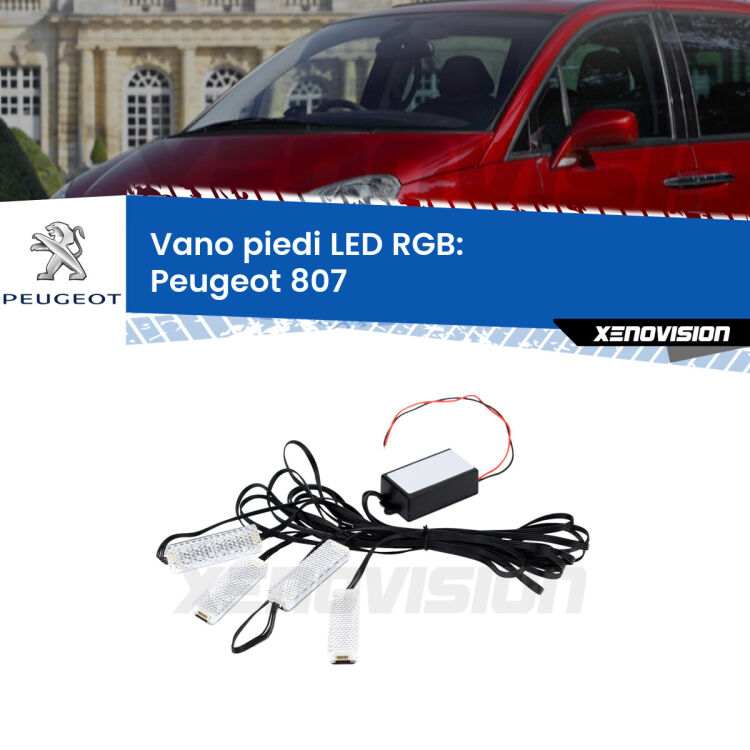 <strong>Kit placche LED cambiacolore vano piedi Peugeot 807</strong>  2002 - 2010. 4 placche <strong>Bluetooth</strong> con app Android /iOS.