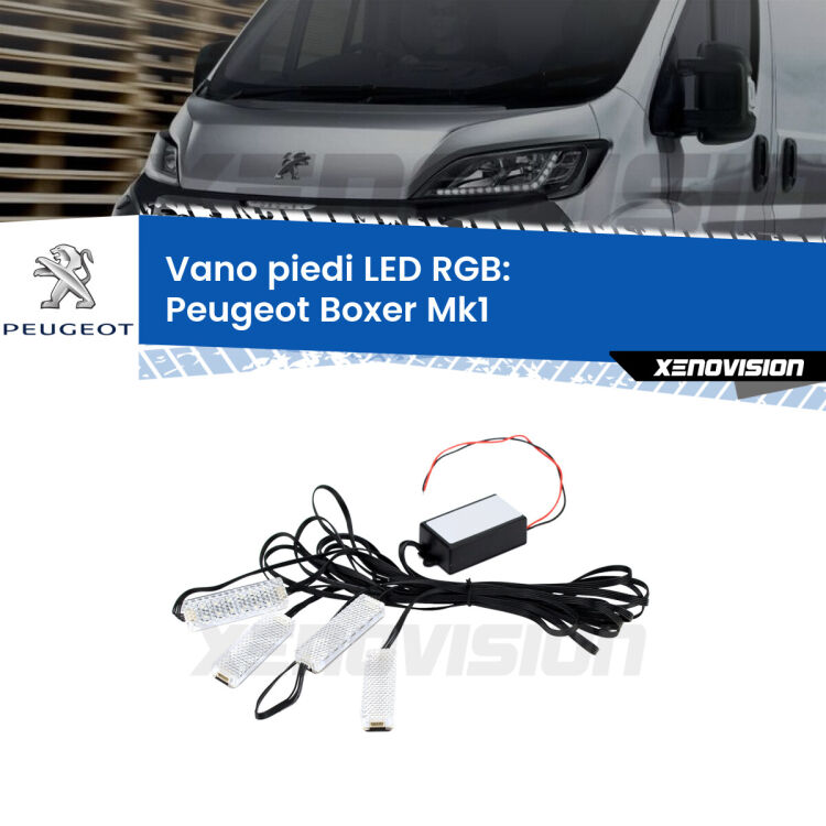 <strong>Kit placche LED cambiacolore vano piedi Peugeot Boxer</strong> Mk1 1994 - 2002. 4 placche <strong>Bluetooth</strong> con app Android /iOS.