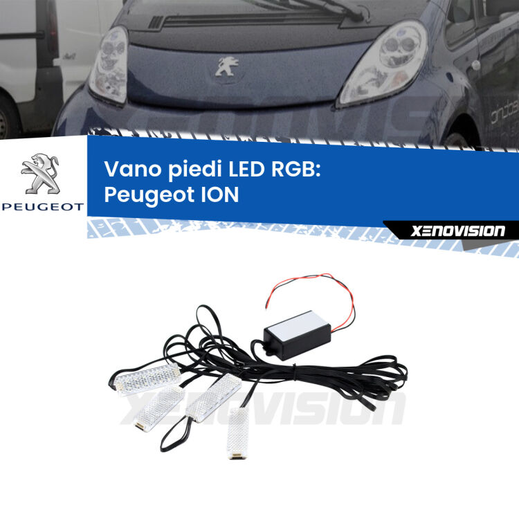 <strong>Kit placche LED cambiacolore vano piedi Peugeot ION</strong>  2010 - 2019. 4 placche <strong>Bluetooth</strong> con app Android /iOS.