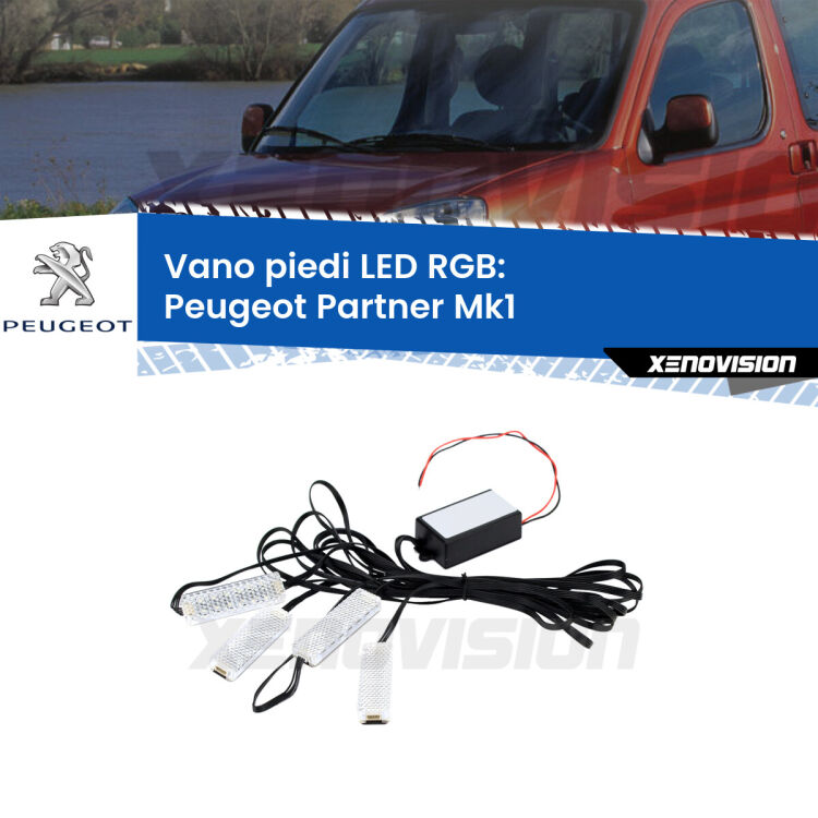 <strong>Kit placche LED cambiacolore vano piedi Peugeot Partner</strong> Mk1 1996 - 2007. 4 placche <strong>Bluetooth</strong> con app Android /iOS.