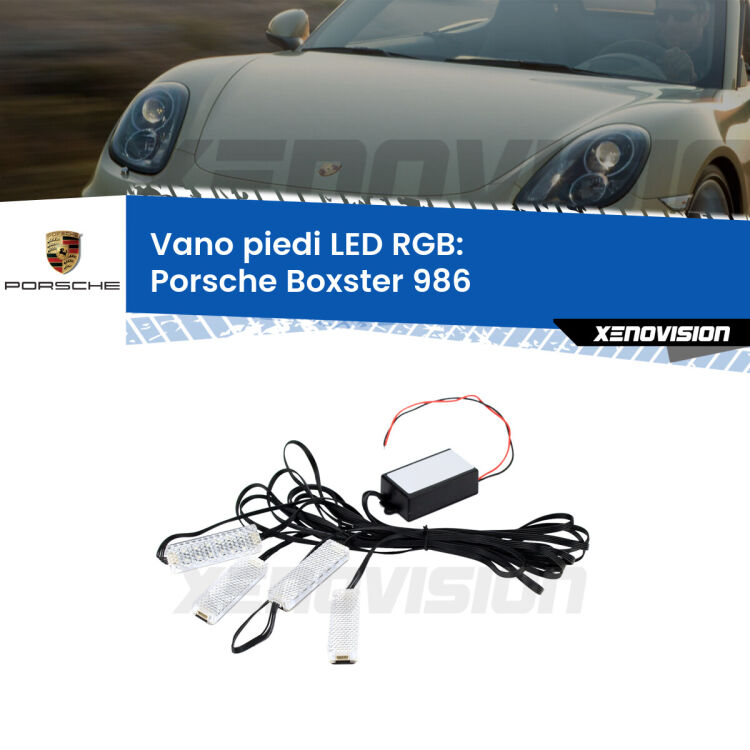 <strong>Kit placche LED cambiacolore vano piedi Porsche Boxster</strong> 986 1996 - 2004. 4 placche <strong>Bluetooth</strong> con app Android /iOS.