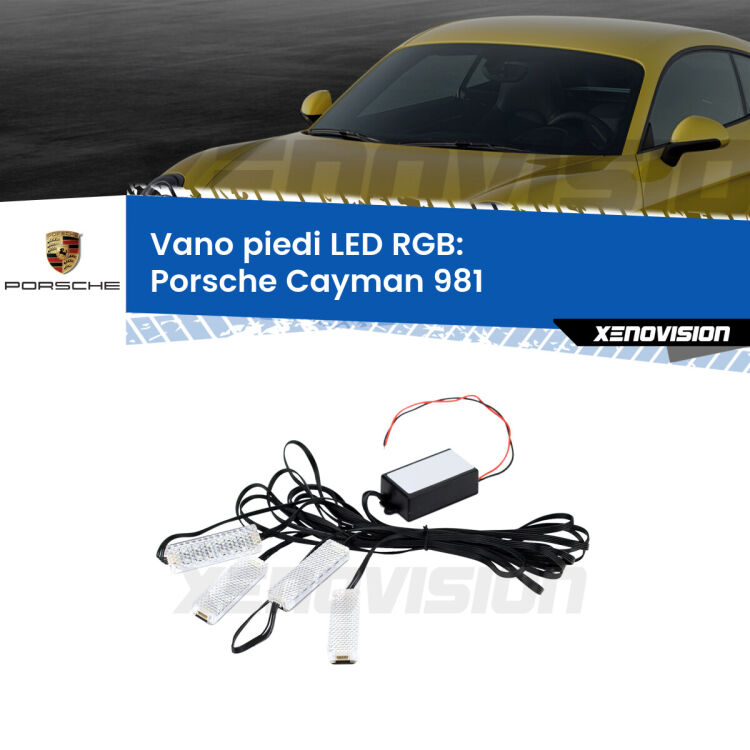 <strong>Kit placche LED cambiacolore vano piedi Porsche Cayman</strong> 981 2013 in poi. 4 placche <strong>Bluetooth</strong> con app Android /iOS.
