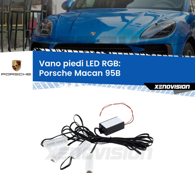 <strong>Kit placche LED cambiacolore vano piedi Porsche Macan</strong> 95B 2014 - 2018. 4 placche <strong>Bluetooth</strong> con app Android /iOS.