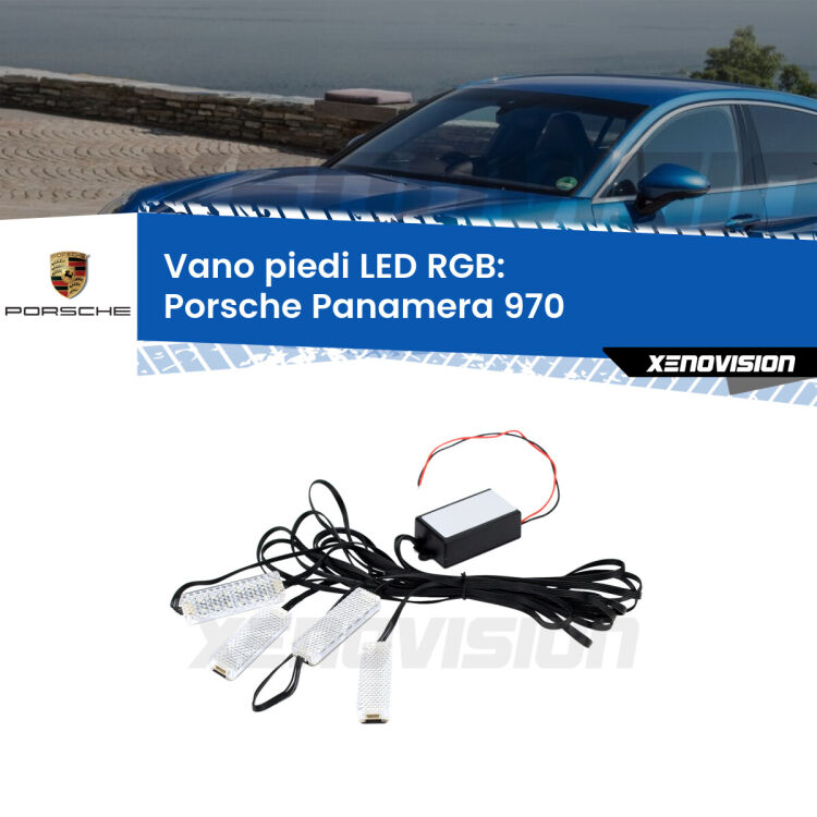<strong>Kit placche LED cambiacolore vano piedi Porsche Panamera</strong> 970 2009 - 2016. 4 placche <strong>Bluetooth</strong> con app Android /iOS.