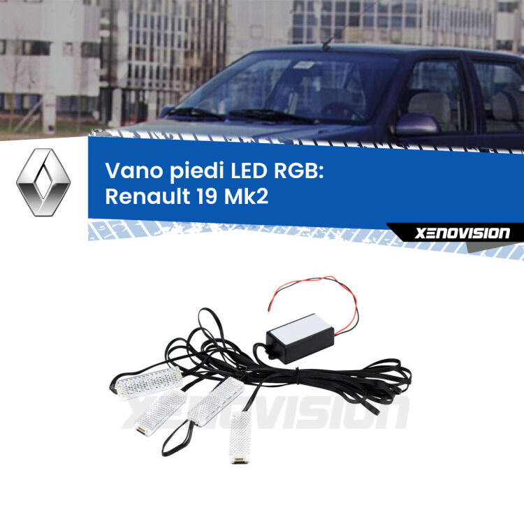 <strong>Kit placche LED cambiacolore vano piedi Renault 19</strong> Mk2 1992 - 1995. 4 placche <strong>Bluetooth</strong> con app Android /iOS.