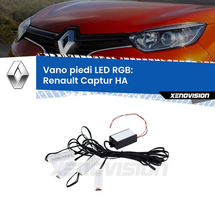 <strong>Kit placche LED cambiacolore vano piedi Renault Kaptur GA</strong> HA 2016 - 2023. 4 placche <strong>Bluetooth</strong> con app Android /iOS.