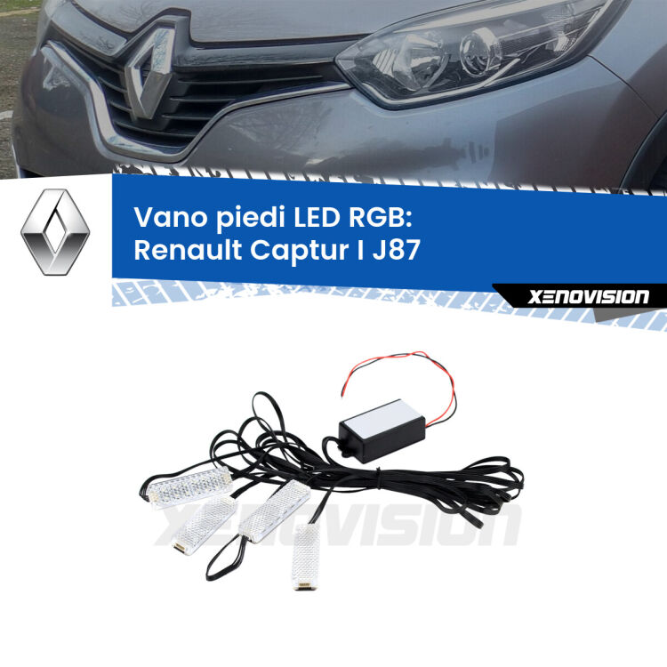 <strong>Kit placche LED cambiacolore vano piedi Renault Captur I</strong> J87 2013 - 2018. 4 placche <strong>Bluetooth</strong> con app Android /iOS.