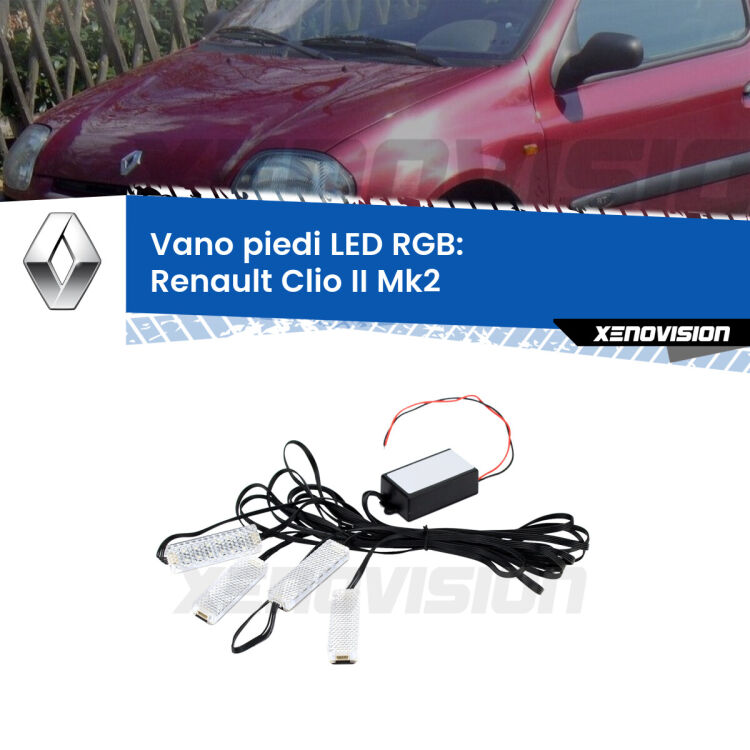 <strong>Kit placche LED cambiacolore vano piedi Renault Clio II</strong> Mk2 1998 - 2004. 4 placche <strong>Bluetooth</strong> con app Android /iOS.