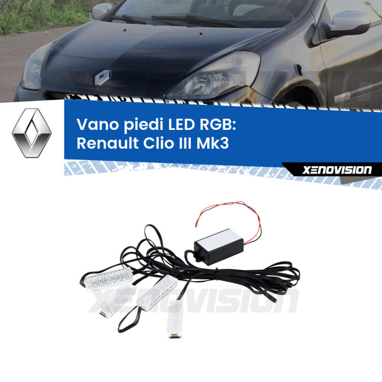 <strong>Kit placche LED cambiacolore vano piedi Renault Clio III</strong> Mk3 2005 - 2011. 4 placche <strong>Bluetooth</strong> con app Android /iOS.