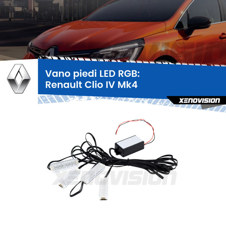 <strong>Kit placche LED cambiacolore vano piedi Renault Clio IV</strong> Mk4 2012 - 2018. 4 placche <strong>Bluetooth</strong> con app Android /iOS.