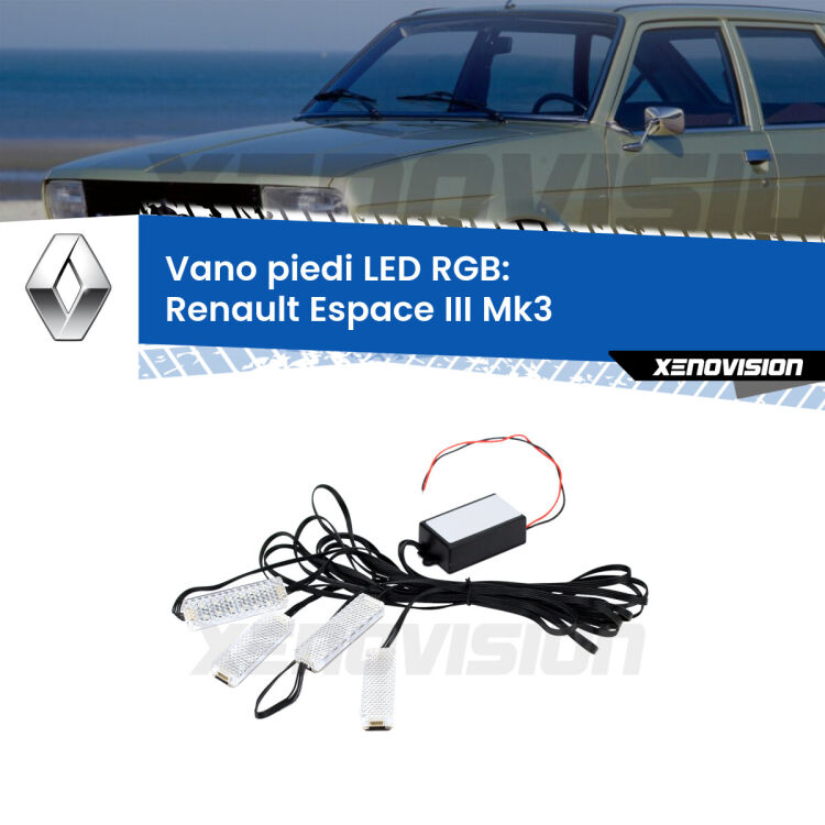 <strong>Kit placche LED cambiacolore vano piedi Renault Espace III</strong> Mk3 1996 - 2002. 4 placche <strong>Bluetooth</strong> con app Android /iOS.
