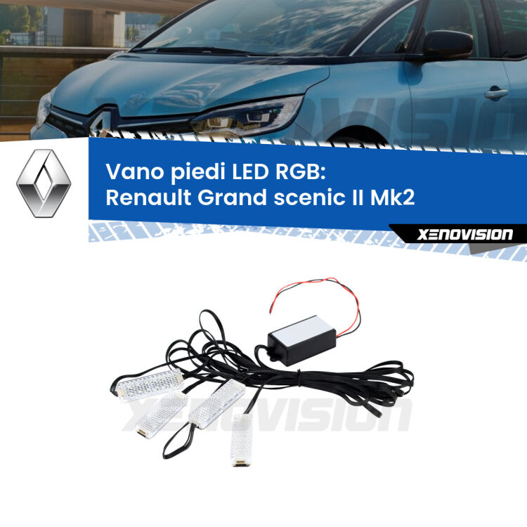 <strong>Kit placche LED cambiacolore vano piedi Renault Grand scenic II</strong> Mk2 2004 - 2009. 4 placche <strong>Bluetooth</strong> con app Android /iOS.