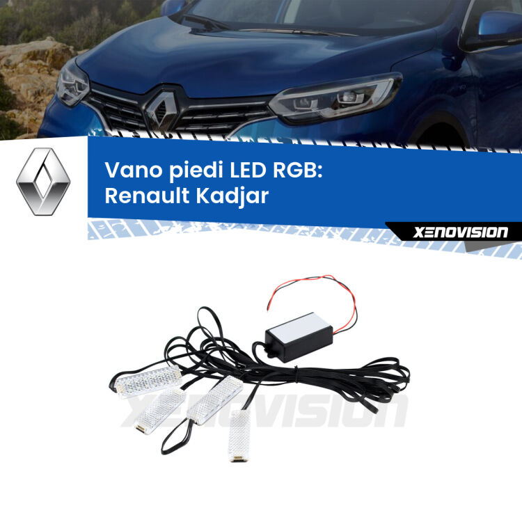 <strong>Kit placche LED cambiacolore vano piedi Renault Kadjar</strong>  2015 - 2022. 4 placche <strong>Bluetooth</strong> con app Android /iOS.