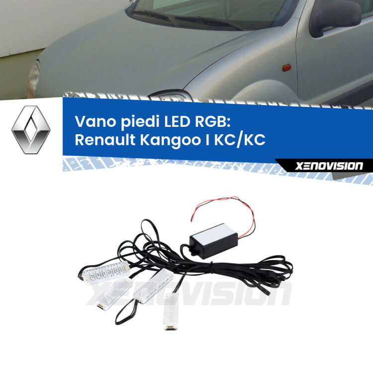 <strong>Kit placche LED cambiacolore vano piedi Renault Kangoo I</strong> KC/KC 1997 - 2007. 4 placche <strong>Bluetooth</strong> con app Android /iOS.