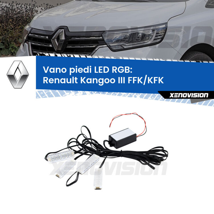 <strong>Kit placche LED cambiacolore vano piedi Renault Kangoo III</strong> FFK/KFK 2021 in poi. 4 placche <strong>Bluetooth</strong> con app Android /iOS.