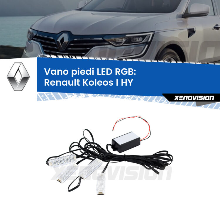 <strong>Kit placche LED cambiacolore vano piedi Renault Koleos I</strong> HY 2006 - 2015. 4 placche <strong>Bluetooth</strong> con app Android /iOS.