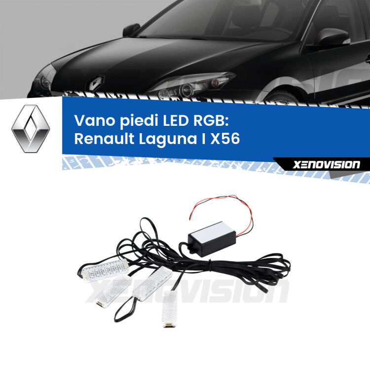 <strong>Kit placche LED cambiacolore vano piedi Renault Laguna I</strong> X56 1993 - 1999. 4 placche <strong>Bluetooth</strong> con app Android /iOS.