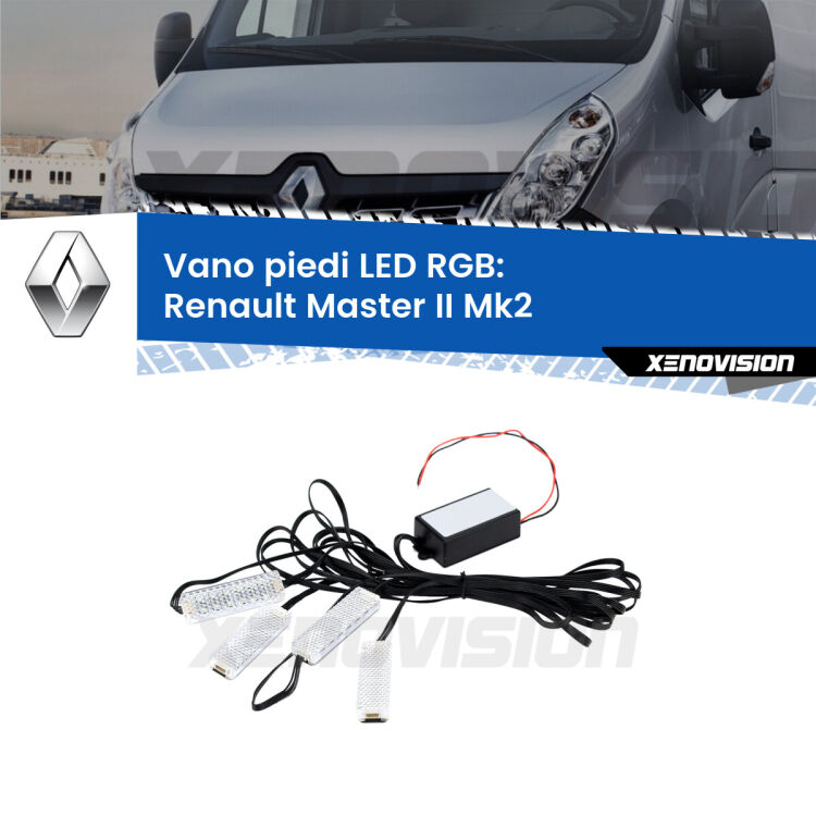 <strong>Kit placche LED cambiacolore vano piedi Renault Master II</strong> Mk2 1998 - 2009. 4 placche <strong>Bluetooth</strong> con app Android /iOS.