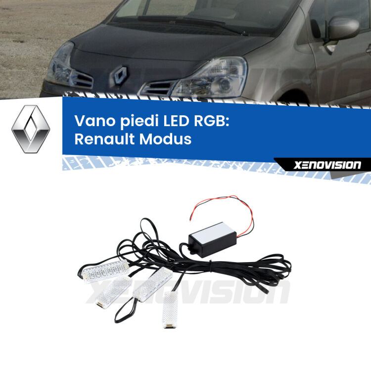 <strong>Kit placche LED cambiacolore vano piedi Renault Modus</strong>  2004 - 2012. 4 placche <strong>Bluetooth</strong> con app Android /iOS.