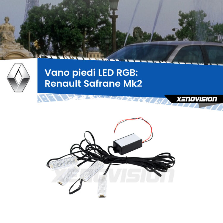 <strong>Kit placche LED cambiacolore vano piedi Renault Safrane</strong> Mk2 1996 - 2000. 4 placche <strong>Bluetooth</strong> con app Android /iOS.