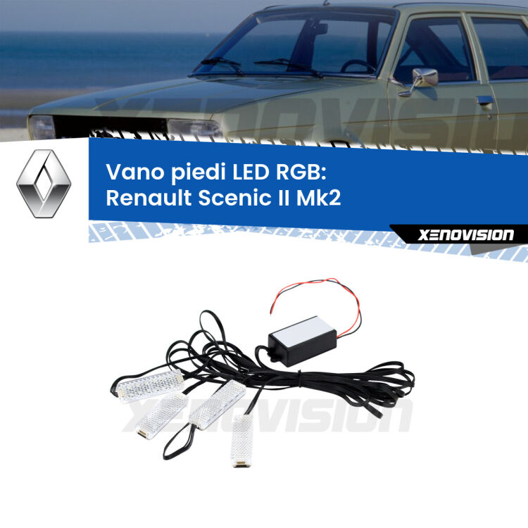 <strong>Kit placche LED cambiacolore vano piedi Renault Scenic II</strong> Mk2 2003 - 2008. 4 placche <strong>Bluetooth</strong> con app Android /iOS.