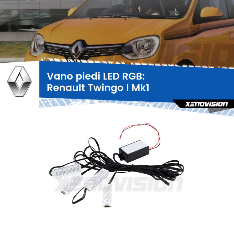 <strong>Kit placche LED cambiacolore vano piedi Renault Twingo I</strong> Mk1 1993 - 2006. 4 placche <strong>Bluetooth</strong> con app Android /iOS.