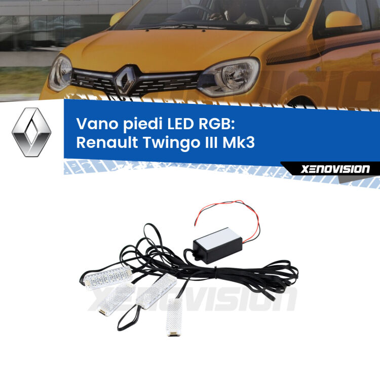 <strong>Kit placche LED cambiacolore vano piedi Renault Twingo III</strong> Mk3 2014 - 2021. 4 placche <strong>Bluetooth</strong> con app Android /iOS.