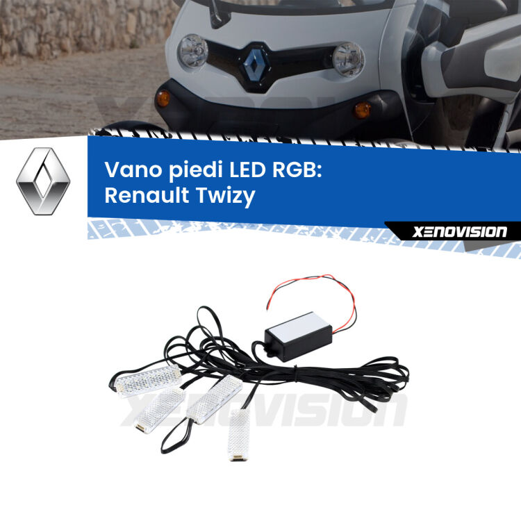 <strong>Kit placche LED cambiacolore vano piedi Renault Twizy</strong>  2012 in poi. 4 placche <strong>Bluetooth</strong> con app Android /iOS.