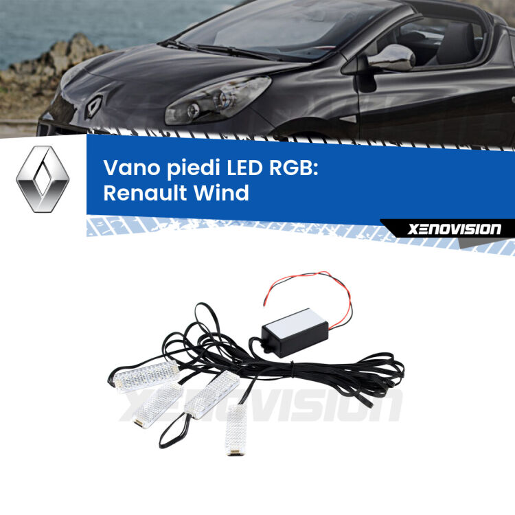 <strong>Kit placche LED cambiacolore vano piedi Renault Wind</strong>  2010 - 2013. 4 placche <strong>Bluetooth</strong> con app Android /iOS.