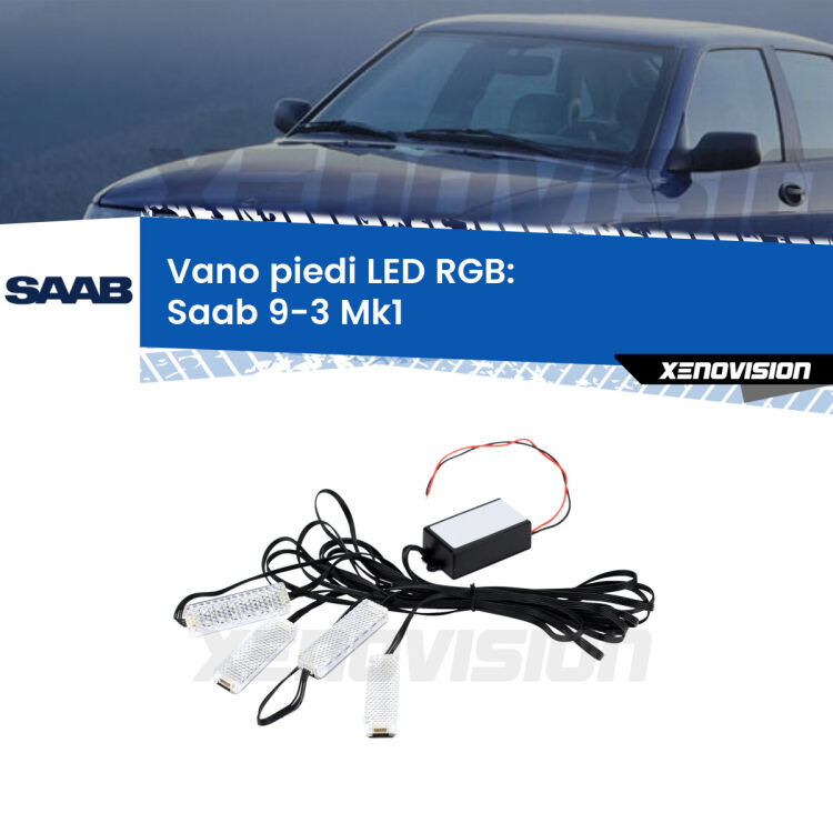<strong>Kit placche LED cambiacolore vano piedi Saab 9-3</strong> Mk1 1998 - 2002. 4 placche <strong>Bluetooth</strong> con app Android /iOS.