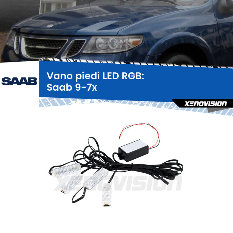 <strong>Kit placche LED cambiacolore vano piedi Saab 9-7x</strong>  2004 - 2008. 4 placche <strong>Bluetooth</strong> con app Android /iOS.