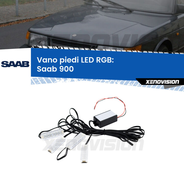 <strong>Kit placche LED cambiacolore vano piedi Saab 900</strong>  1993 - 1998. 4 placche <strong>Bluetooth</strong> con app Android /iOS.