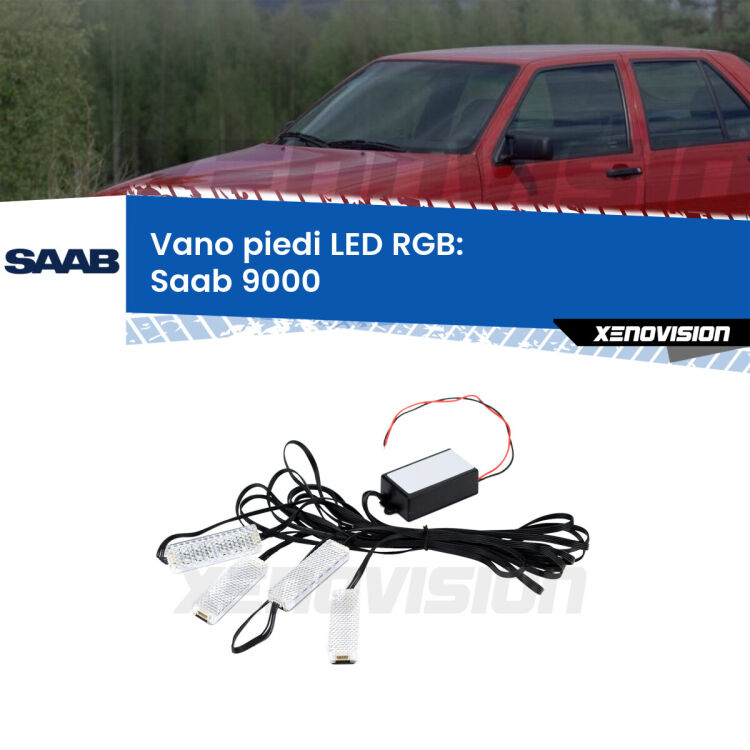 <strong>Kit placche LED cambiacolore vano piedi Saab 9000</strong>  1985 - 1998. 4 placche <strong>Bluetooth</strong> con app Android /iOS.
