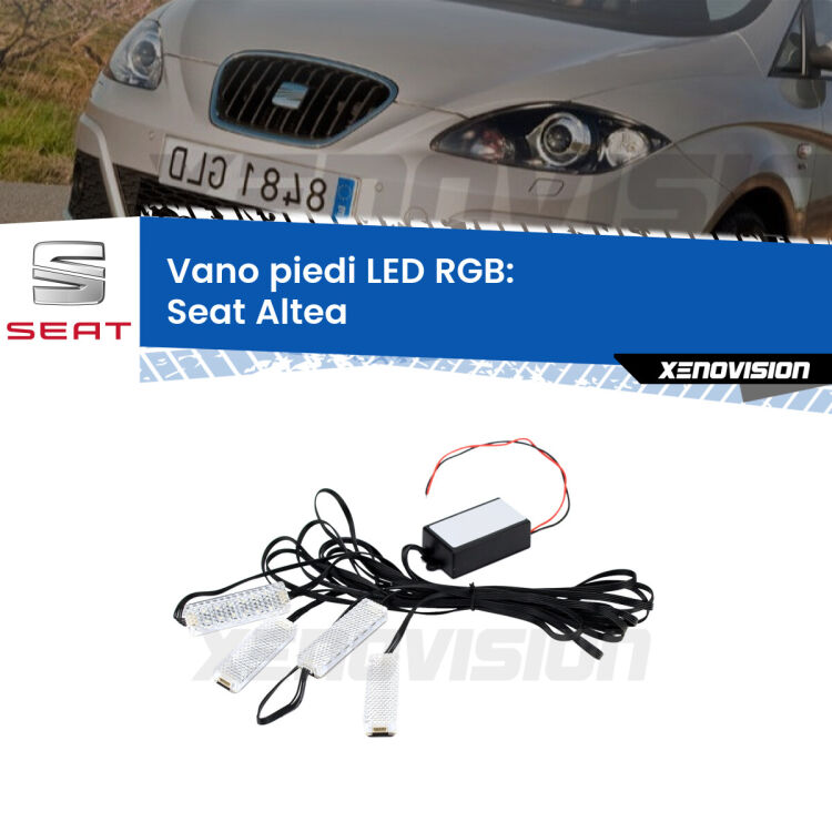 <strong>Kit placche LED cambiacolore vano piedi Seat Altea</strong>  2004 - 2010. 4 placche <strong>Bluetooth</strong> con app Android /iOS.