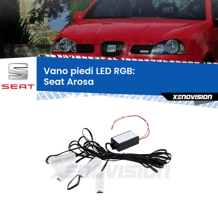 <strong>Kit placche LED cambiacolore vano piedi Seat Arosa</strong>  1997 - 2004. 4 placche <strong>Bluetooth</strong> con app Android /iOS.