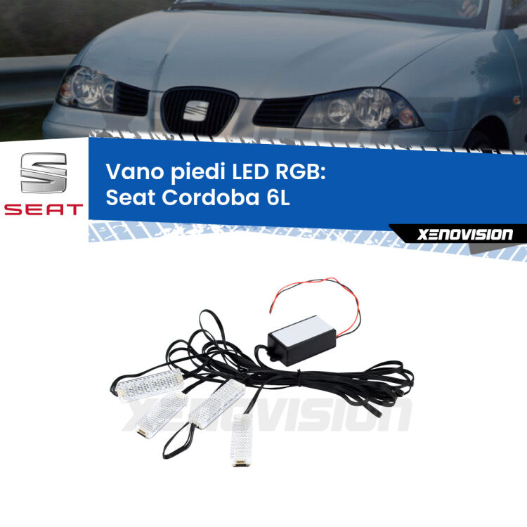 <strong>Kit placche LED cambiacolore vano piedi Seat Cordoba</strong> 6L 2002 - 2009. 4 placche <strong>Bluetooth</strong> con app Android /iOS.