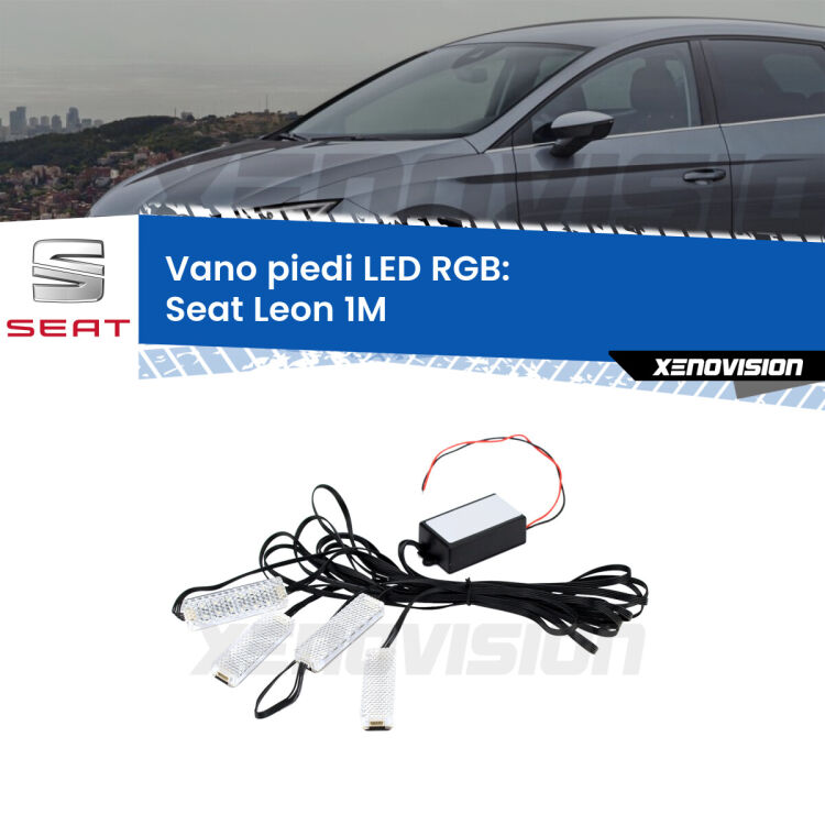 <strong>Kit placche LED cambiacolore vano piedi Seat Leon</strong> 1M 1999 - 2006. 4 placche <strong>Bluetooth</strong> con app Android /iOS.
