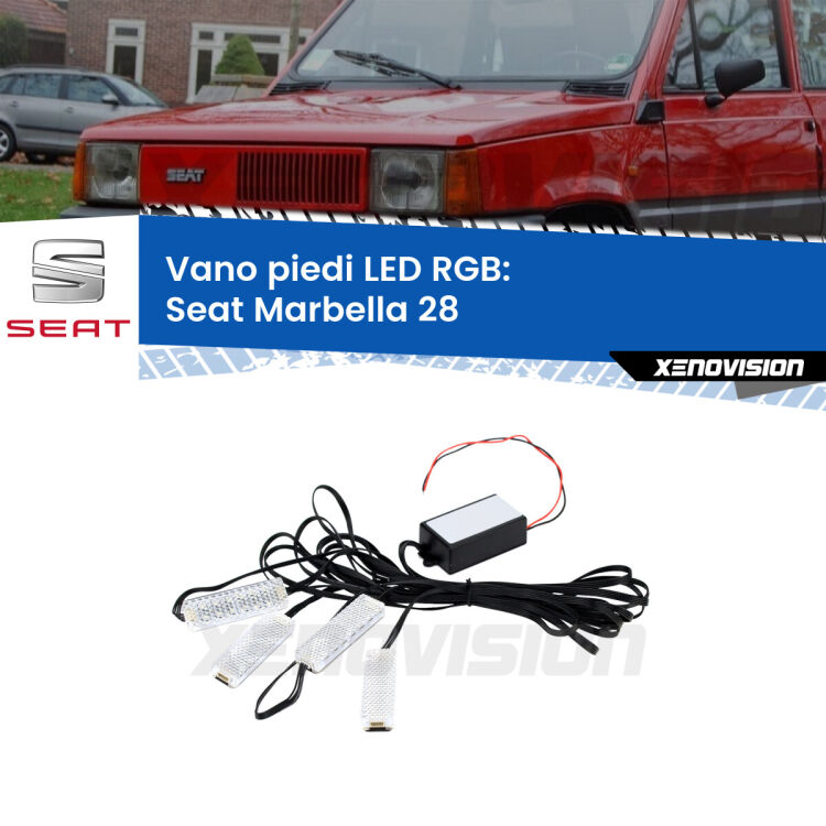 <strong>Kit placche LED cambiacolore vano piedi Seat Marbella</strong> 28 1986 - 1998. 4 placche <strong>Bluetooth</strong> con app Android /iOS.