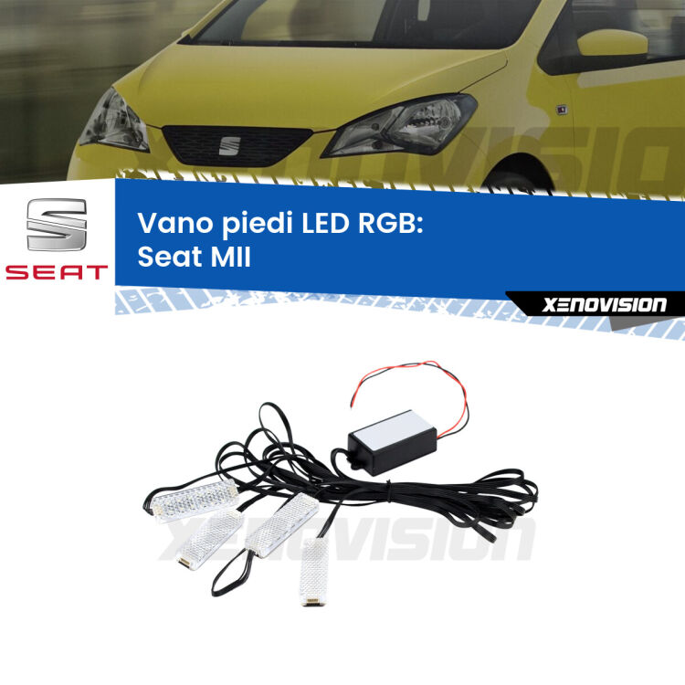 <strong>Kit placche LED cambiacolore vano piedi Seat MII</strong>  2011 - 2021. 4 placche <strong>Bluetooth</strong> con app Android /iOS.