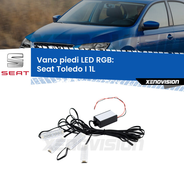 <strong>Kit placche LED cambiacolore vano piedi Seat Toledo I</strong> 1L 1991 - 1999. 4 placche <strong>Bluetooth</strong> con app Android /iOS.